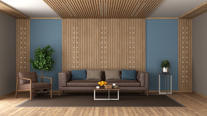 Living room with leather sofa room and wood paneling