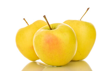 Three ripe juicy apples, macro, isolated on white background.