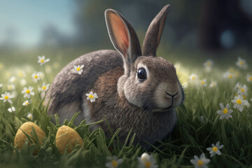 Cute little rabbit with Easter eggs in flowers meadow. AI Generative