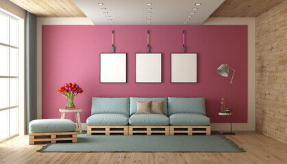 Living room with wooden waals and pallet sofa