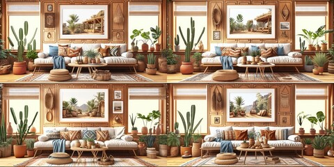 Stylish scandinavian living room with design mint sofa, furnitures, mock up poster map, plants and elegant personal accessories. Modern home decor. Bright and sunny room. Generative AI illustration.