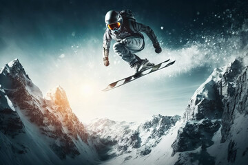Flying snowboarder on mountains. Extreme winter sport. Generative AI