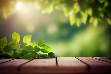 Wooden table with fresh green leaves on bokeh background. Generative AI
