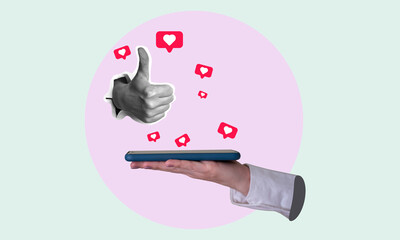 Art collage, girl's finger up and phone on a light background, around flying hearts from the phone.