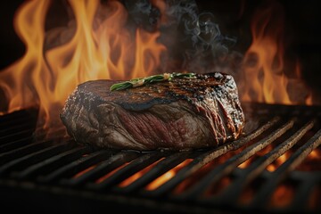 Grilled steak on barbecue grill with flames, closeup. Space for text. Generative AI