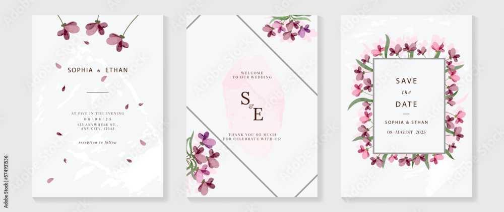 Wall mural Luxury wedding invitation card background vector. Elegant watercolor botanical floral petal and flower wreath frame texture template. Design illustration for wedding and vip cover template, banner.