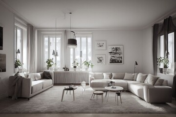 Fototapeta premium Stylish scandinavian living room with design mint sofa, furnitures, mock up poster map, plants and elegant personal accessories. Modern home decor. Bright and sunny room. Generative AI illustration.
