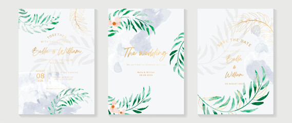 Luxury wedding invitation card background vector. Elegant watercolor botanical floral leaf branch with gold line art texture template. Design illustration for wedding and vip cover template, banner.