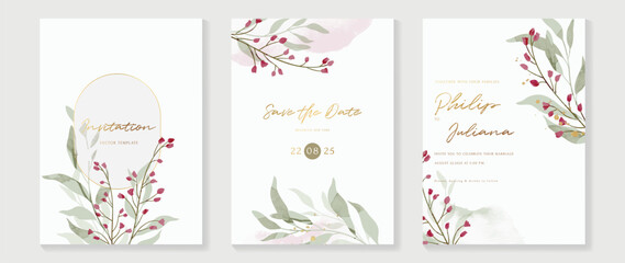 Luxury wedding invitation card background vector. Elegant watercolor botanical wildflowers, leaf branch and gold frame texture template. Design illustration for wedding and vip cover template, banner.
