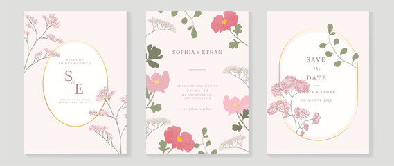 Fototapeta na wymiar Luxury wedding invitation card background vector. Elegant watercolor botanical pink theme wildflowers and geometric gold frame texture. Design illustration for wedding and vip cover template, banner.