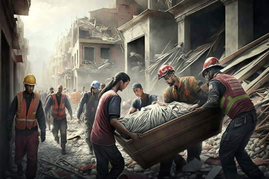 Rescuer search trough ruins of building. Concept of solidarity and humanitarian aid against natural disasters