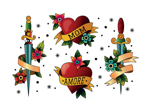 Sword tattoo. Old school love symbols. Ancient sacrifice snack. Vintage flowers. Retro ribbon. Dagger with bloom. Traditional tattooing elements set. Vector tidy illustration design