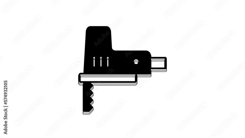 Poster Black Electric jigsaw with steel sharp blade icon isolated on white background. Power tool for woodwork. 4K Video motion graphic animation