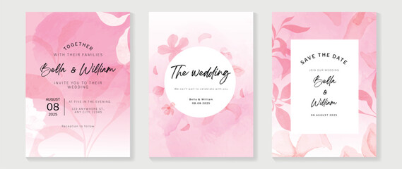 Luxury wedding invitation card background vector. Elegant watercolor botanical pastel pink beige theme wildflowers and leaf branch frame texture. Design for wedding and vip cover template, banner.