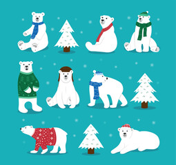 Christmas bear in scarf, polar characters. White arctic child, wildlife in cold kid clothes, snow winter. Xmas mammals. Zoo or forest fauna. Vector utter cartoon flat isolated illustration © Natalia