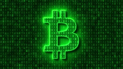 Video animation - Bitcoin sign in light green and in the background in dark green a coding of binary code. - moving abstract background