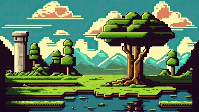 Jungle and water game background pixel art, generative ai