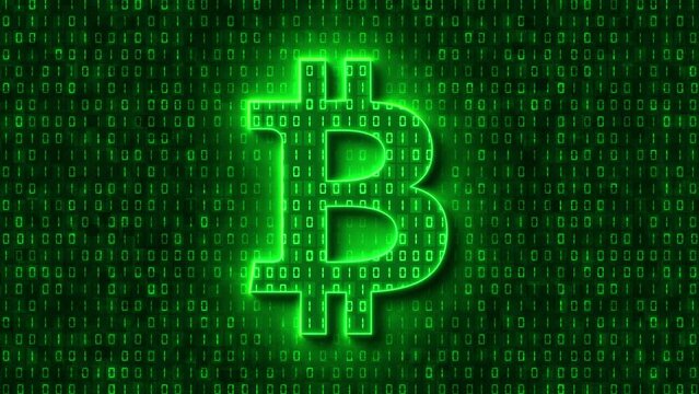 Video animation - Bitcoin sign in light green and in the background in dark green a coding of binary code. - moving abstract background