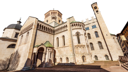 Trento. Medieval Cathedral of San Vigilio (Duomo di Trento, 1212-1321), Romanesque and Gothic style, isolated on white or transparent background. Trentino-Alto Adige, Italy, Europe. Png.