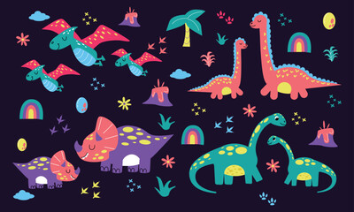 Cute dinosaur family, wildlife nature. Wild childish scandinavian comics with tyrannosaurus and triceratops. Kindergarten and nursery decor elements. Vector recent prehistoric tropicals set