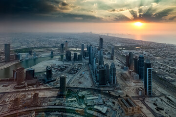 Panoramic top view of Dubai in UAE. Modern arab city architecture