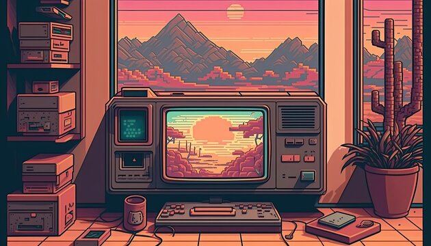 Old school console with mountain sunset background semi pixel art, generative ai