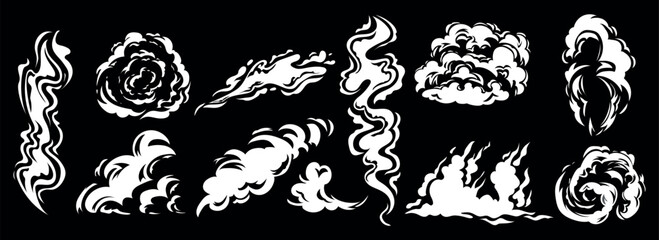 Video game speed symbol, smoke silhouette. Flash power, gas or shot clouds, exploding energy from blast, sprites. Dust and wind, white mist elements. Vector cartoon garish illustration set