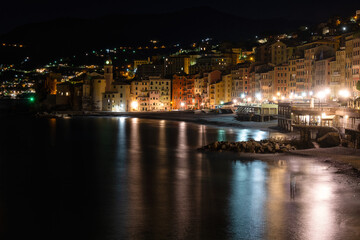 Fototapeta na wymiar Italian riviera bay of Camogli village in Liguria at nighttime
