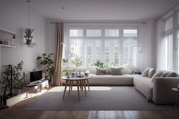 Stylish scandinavian living room with design mint sofa, furnitures, mock up poster map, plants and elegant personal accessories. Modern home decor. Bright and sunny room. Generative AI illustration.