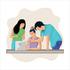 Vector university students discuss group project using laptop flat vector illustration design