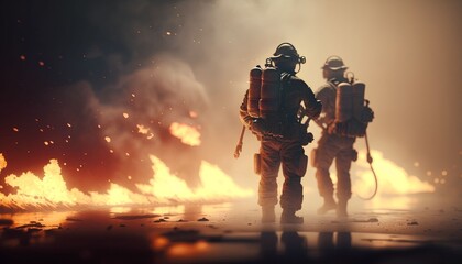 firefighters spraying high pressure water to fire, Generative AI