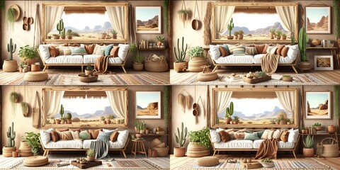 Fototapeta premium Stylish scandinavian living room with design mint sofa, furnitures, mock up poster map, plants and elegant personal accessories. Modern home decor. Bright and sunny room. Generative AI illustration.