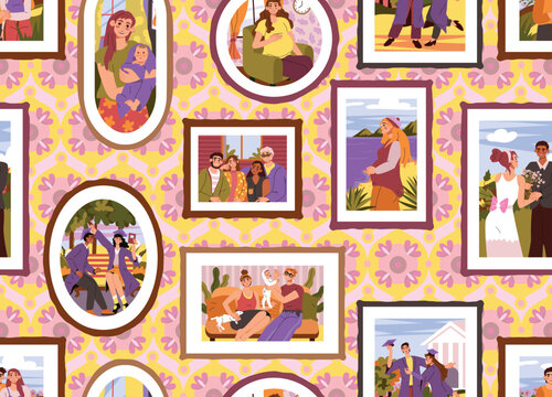 Family pictures. Photo frame on wall pattern. Sketch portraits hanging on wallpaper. Happy moments. Patchwork from photographs. Paintings frameworks. Vector seamless exact illustration