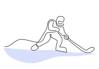 Hand drawing one single continuous line of man play hockey on ice isolated on white background.