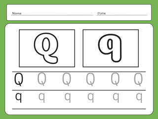 Letter Writing Guide. Tracing letters. Uppercase and lowercase letter Q q. Engish alphabet