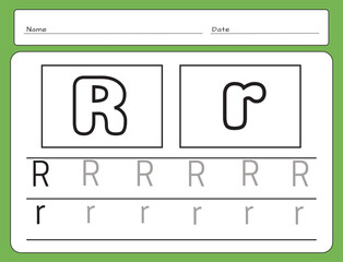 Letter Writing Guide. Tracing letters. Uppercase and lowercase letter R r. Engish alphabet