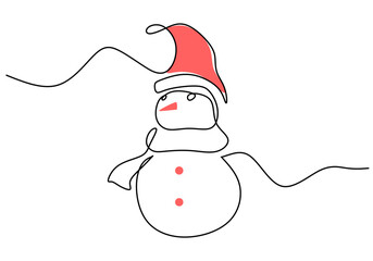Hand drawing one single continuous line of snowman use santa hat isolated on white background.