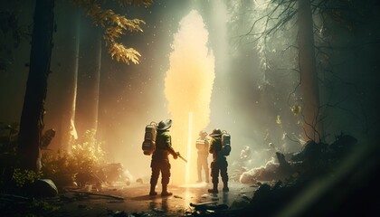 Obraz premium firefighters spraying high pressure water to fire in forest, Generative AI