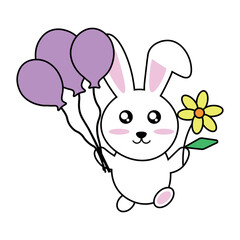 Joyful rabbit with balloons and a flower