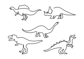 Hand drawing one single continuous line of five dinosaurs isolated on white background.