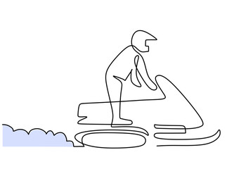 Hand drawing one single continuous line of man play sled isolated on white background.