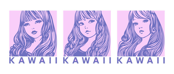 Vector set of portraits of gentle cute kawaii young girls with beautiful hair. White isolated background. Stickers, icons or pink emblem.