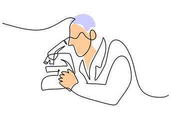 Hand drawing one single continuous line of scientist science theme isolated on white background.