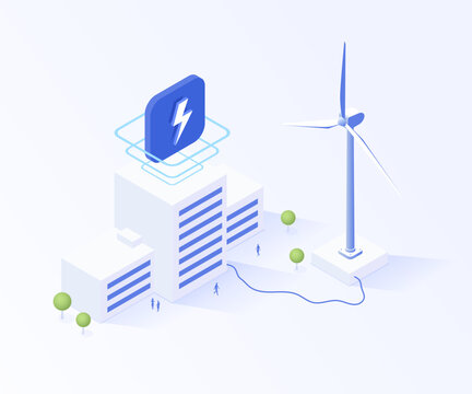 3d isometric wind turbines building electricity. Energy power technology. Green electricity. Wind generator power plant. Clean energy. Renewable energy. Power supply industry.
