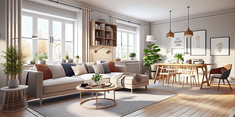 Stylish scandinavian living room with design mint sofa, furnitures, mock up poster map, plants and elegant personal accessories. Modern home decor. Bright and sunny room. Generative AI illustration.