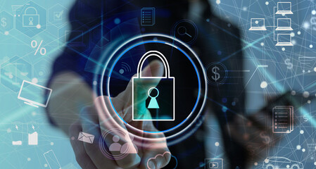 closeup concept of a male businessman standing pointing up a finger, wearing black suit, shirt and tie, representing interaction in technology within business industry, with grey flat background