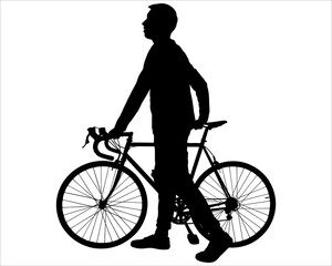 Cyclist with a bike. A guy holds the steering wheel of a bicycle in his hands. A man with a bike. Side view, profile. Sport. Athlete. Bicycle tourism. One black male silhouette on a white background