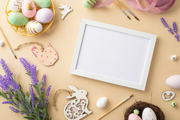 Easter concept. Top view photo of photo frame paintbrushes colorful easter eggs in bowl wooden bunnies chicken pink ribbon nest and lavender flowers on isolated beige background with copyspace