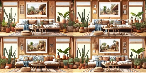 Stylish scandinavian living room with design mint sofa, furnitures, mock up poster map, plants and elegant personal accessories. Modern home decor. Bright and sunny room. Generative AI illustration.