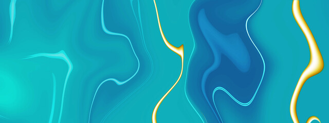 Luxurious blue, golden liquid liens background. Fluid painting abstract texture background. Modern banner, fluid trendy background.